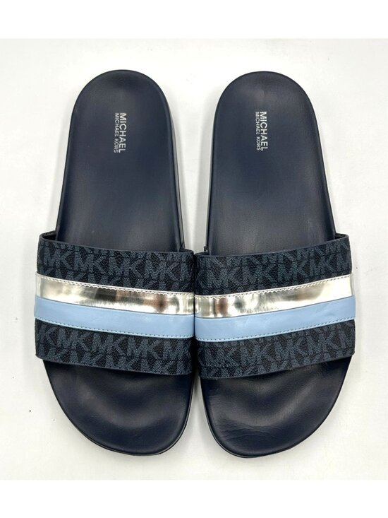 Michael Kors Men\'s Navy Silver EVA Brandy Metallic Striped Slides Size 11 3500